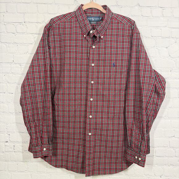Ralph Lauren Christmas Shirt Men 17.5  34-35 Plaid Pony Red Green Classic Preppy - Picture 1 of 10